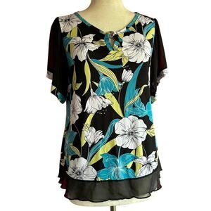 Womens Top Size Large Floral Professional Sheer Sleeves Vacation Resort Office